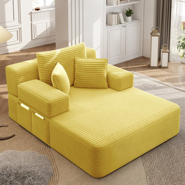 English Elm Luxurious Corduroy Frameless Chaise Sofa Bed with Spring Cushion and Storage Pocket Yellow W3219P496262