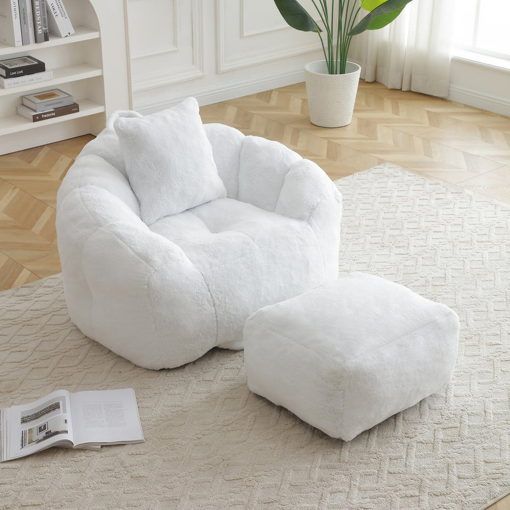 English Elm Giant Foam-Filled Bean Bag Chair with Footstool, Shell-Shaped Faux Fur Sofa for Gaming Reading уют White W2677P306793