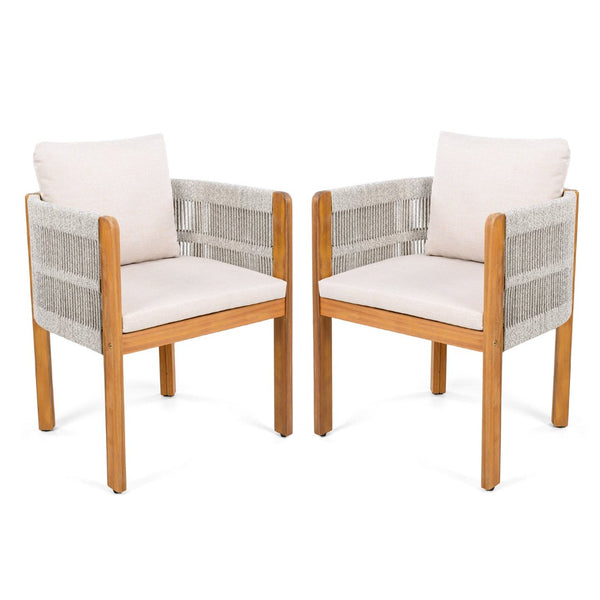 English Elm Acacia Wood Outdoor Dining Chair Set with Rope Arms and Waterproof Cushions N779P279983W