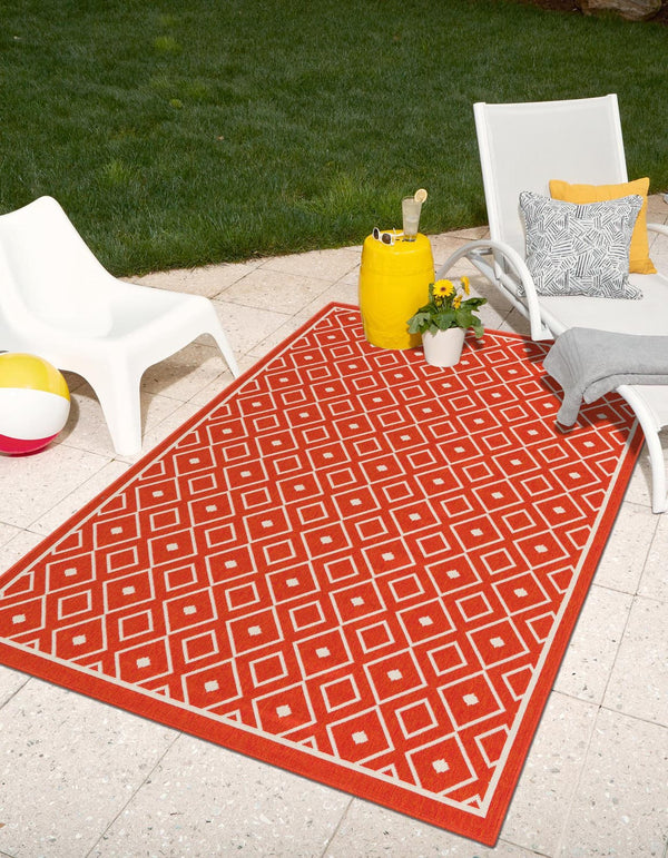 Unique Loom Outdoor Trellis Kafes Machine Made Geometric Rug Rust Red, Ivory 5' 3" x 8' 0"
