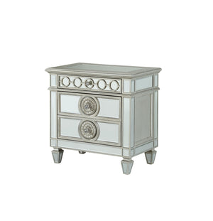 English Elm Varian Mirrored Nightstand Silver with Sunburst Trim, Crystal Knobs, Felt Lined Drawer, Mirrored Legs B2726P261261
