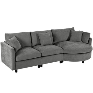 English Elm U_style Chenille Sectional Sofa with Curved Chaise Pine Frame and Three Accent Pillows Grey WY000461AAE
