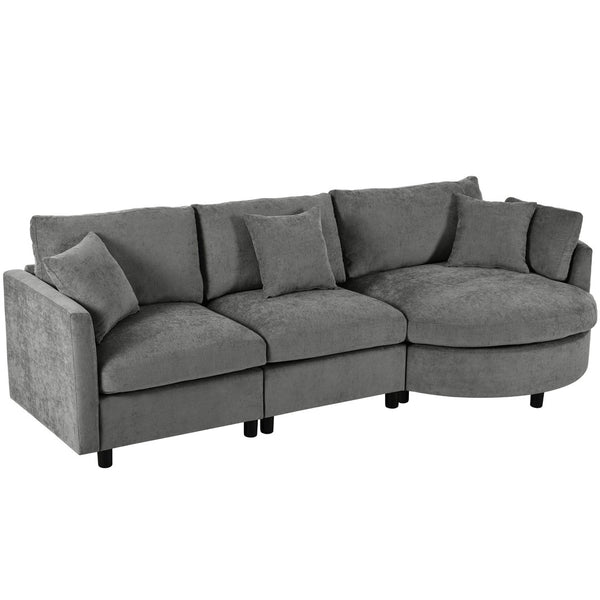 English Elm U_style Chenille Sectional Sofa with Curved Chaise Pine Frame and Three Accent Pillows Grey WY000461AAE