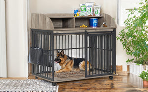 English Elm GO Furniture-Style Dog Crate 44" Gray End Table Kennel with Sliding Barn Door, Storage Shelves, Wheels WF323360AAE