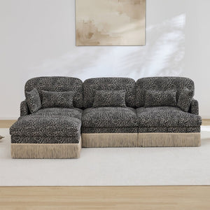 English Elm 100"comfy Chenille Leopard Print Sectional Sofa with Tassel Trim and Movable Ottoman Khaki W5656S00023