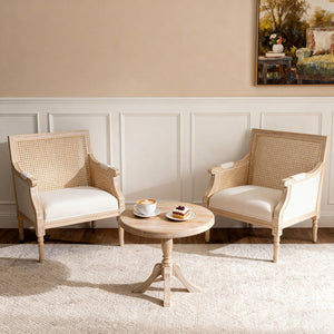 English Elm French Accent Chair Beige Upholstered Rattan Back Armchair — Vintage Solid Wood Reading Seat for Homes W3426P394275