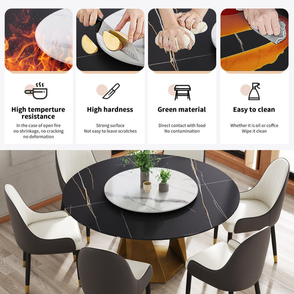 English Elm 59.05" Round Marble Dining Table With Elegant Bronze Base, Turntable For 6-8, Durable & Stylish Design W1535S00415
