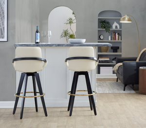 English Elm Fixed-height Swivel Barstools Upholstered Grey Fabric Black Wood Legs Kitchen Set of 2 Cream B202S01895