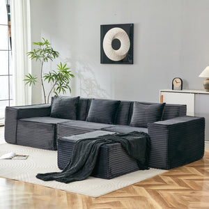 English Elm L-shaped Corduroy Sectional with Ottoman Three Seat Modular Sofa for Modern Living Dark Gray W2699S00080