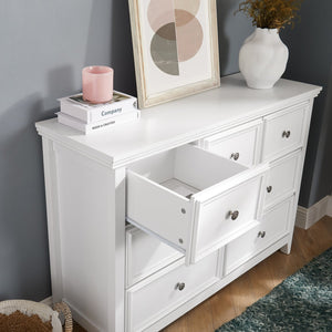 English Elm Modern 7 Drawers Dresser with Unique Feet, Smooth Glide Drawers and Metal Handles for Stylish Storage White W2275P149784