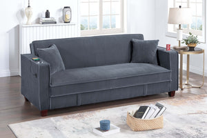 English Elm 1pc Corduroy Convertible Sofa with Storage Base Usb Port Cup Holders Wood Legs Dark Gray B011P430416