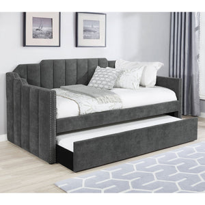English Elm Pressley Charcoal Upholstered Twin Daybed with Trundle — Modern Channel-Tufted Wood Frame, Cozy Guest Seating for Small Spaces B062S01011