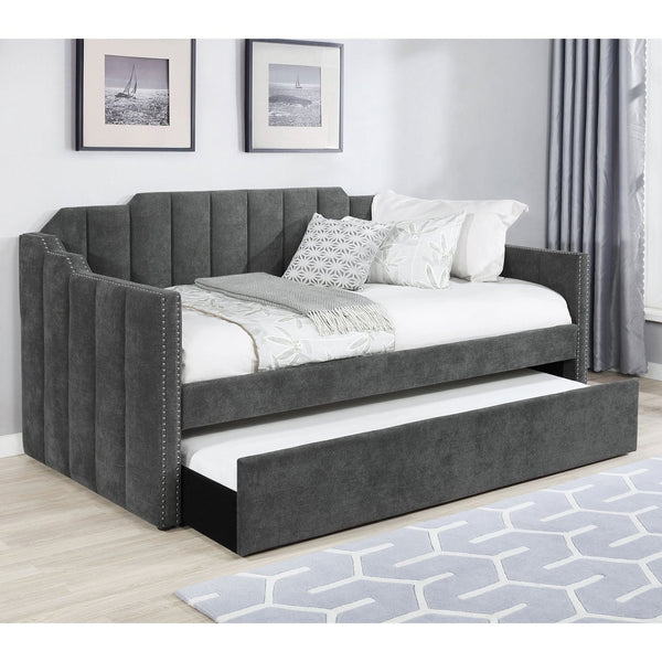 English Elm Pressley Charcoal Upholstered Twin Daybed with Trundle — Modern Channel-Tufted Wood Frame, Cozy Guest Seating for Small Spaces B062S01011