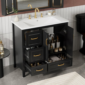 English Elm Christopher Knight Home® - 36" Freestanding Bathroom Vanity with Resin Sink, Soft-Close Doors & Drawers, Gold Alloy Handles, Spacious Storage and Easy Plumbing Access Black N759P292552B