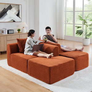 English Elm 114" Cloud Sectional Couch with L-Shape Chaise Modular Corduroy Sofa with Movable Ottoman, No Assembly Required, Plush Comfort for Living Spaces Orange W1117P371653