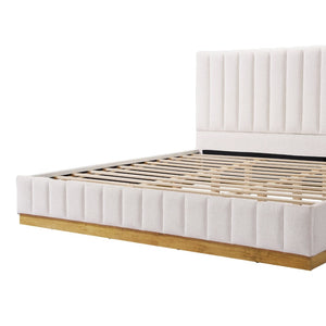 English Elm King Upholstered Bed Linen Channel Stitch Tall Headboard Solid Wood Slatted Base N757K339014I