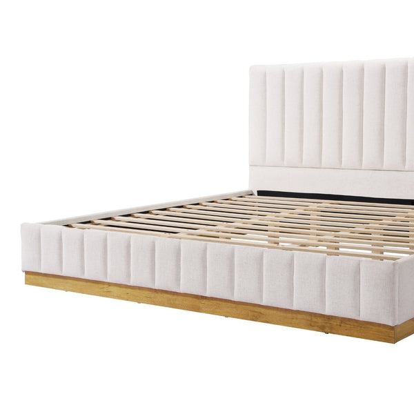 English Elm King Upholstered Bed Linen Channel Stitch Tall Headboard Solid Wood Slatted Base N757K339014I