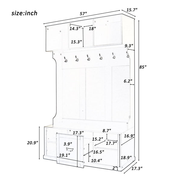 English Elm U-Can 57'' Hall Tree with Bench, Drawer & Shelves for Entryway Organizing and Stylish Storage White N724P264673K