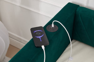 English Elm Twin Velvet Upholstered Daybed with Trundle, V-Pattern Backrest, USB Port, Side Pockets, Sturdy Design Emerald W1361S00043