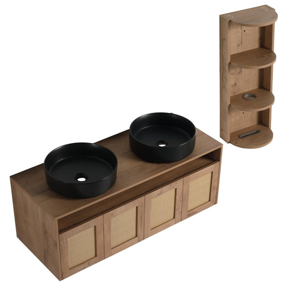 English Elm 48" Floating Bathroom Vanity Oak Finish Dual Ceramic Sinks Four Soft Close Doors W999S00505