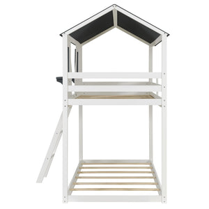 English Elm Twin Over Playhouse Bunk Bed Solid Pine Frame with Roof Windows Guardrail LT100045AAK-1