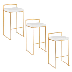English Elm Fuji 30" Glamorous Stackable Barstools Set Of 3 In Gold Metal & White Velvet For Chic Interiors B202P222223
