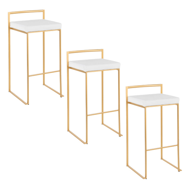 English Elm Fuji 30" Glamorous Stackable Barstools Set Of 3 In Gold Metal & White Velvet For Chic Interiors B202P222223