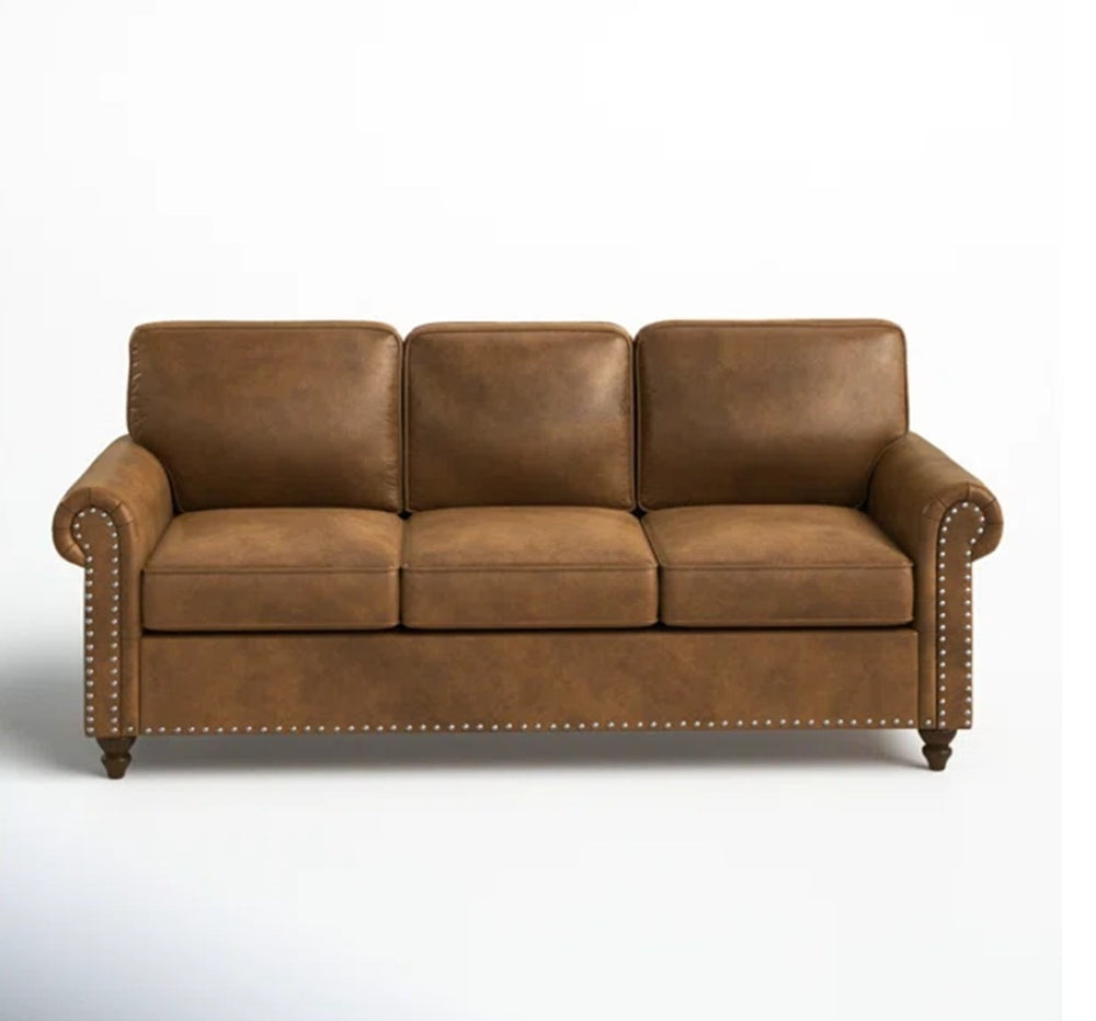 English Elm Faux Leather Sofa with Nailhead Trim Rolled Arms for Traditional Living Rooms B2748S00186