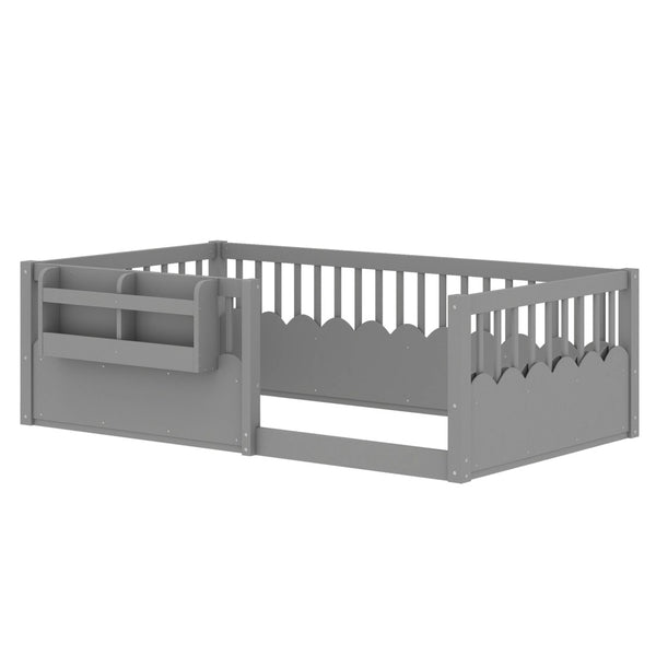 English Elm Twin Low Profile Kids Floor Bed Pine Wood Frame with Safety Rail and Built in Bookshelf Gray W1580P373135