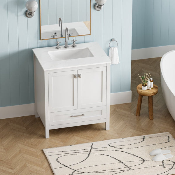 English Elm 30" Freestanding Grey Vanity Solid Wood Cabinet Carrara Marble Top Ceramic Sink W1573P237851