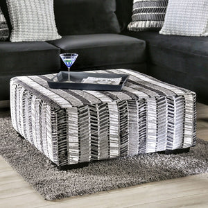 English Elm Transitional Square Upholstery Ottoman With Abstract Stripe Fabric & Multi-Finish Block Legs B2741P355844-GIGA