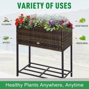 English Elm Outsunny Elevated Pe Rattan Planter Box with Tool Shelf for Herbs and Vegetables W2225P174037