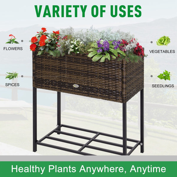 English Elm Outsunny Elevated Pe Rattan Planter Box with Tool Shelf for Herbs and Vegetables W2225P174037