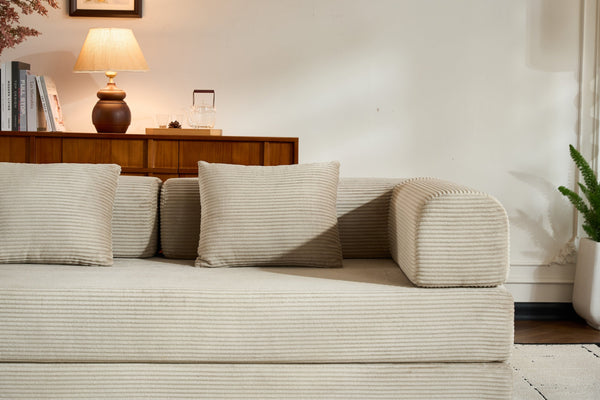 English Elm Convertible Sleeper Sofa Bed with Corduroy Upholstery, 4‑in‑1 Folding Couch Mattress, Space‑Saving Lounge Beige W3434P346244