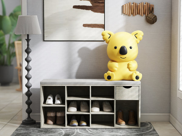 English Elm Storage Bench with Cushion, 10-Compartment Shoe Organizer, Drawer & 3-Tier Space for Entryway Use W3151P288934