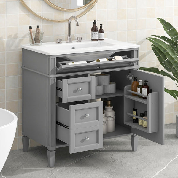 English Elm 30'' Modern Bathroom Vanity With Ceramic Sink, 2 Smooth-Glide Drawers & Tip-Out Compartment Storage N710P206904E