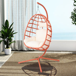 English Elm Egg Hanging Chair with Stand Pe Rattan Swing Seat Washable Cushion Patio Bedroom T5880P497444