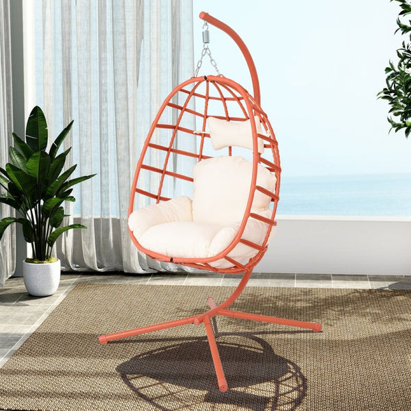 English Elm Egg Hanging Chair with Stand Pe Rattan Swing Seat Washable Cushion Patio Bedroom T5880P497444