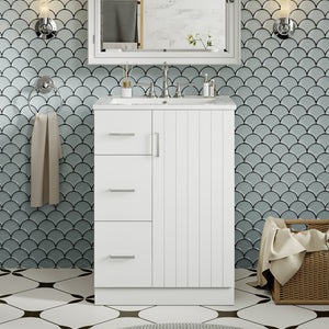 English Elm 24" Modern Bathroom Vanity with Under-Mount Sink, Vertical Stripe Design, 2 Drawers & Soft-Close Cabinet White N710P288936K