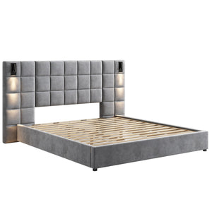 English Elm Christopher Knight Home® - California King Velvet Upholstered Bed Frame with Wide Padded Headboard, USB Sconce, Sturdy Slats N757C331769E