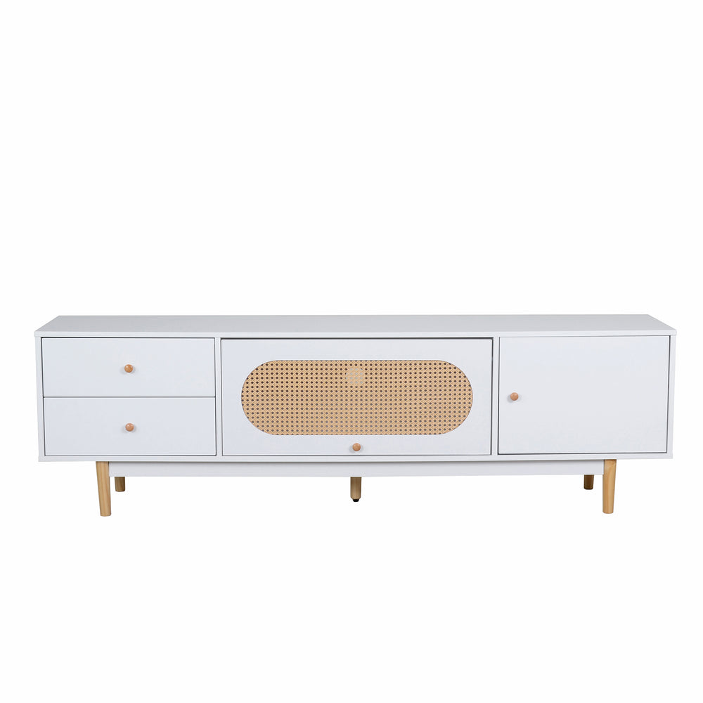 English Elm 70 Modern TV Stand for TVs up to 80" with Rattan Accents, Smooth Drawers, Flip-Up Storage, Durable Design White N710P339470W