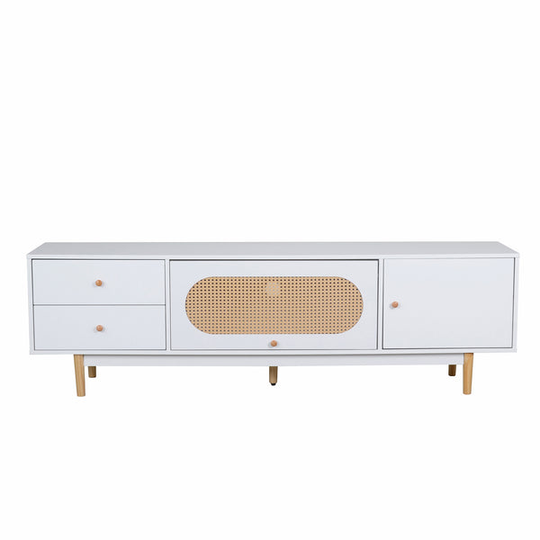 English Elm 70 Modern TV Stand for TVs up to 80" with Rattan Accents, Smooth Drawers, Flip-Up Storage, Durable Design White N710P339470W