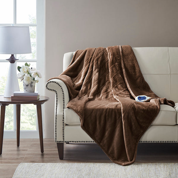 JLA Home Beautyrest - Throw Beautyrest Heated Oversized Microlight Reverse-to-Berber Throw with Secure Comfort Tech, Low EMF, 5-Year Warranty Brown BR54-0310