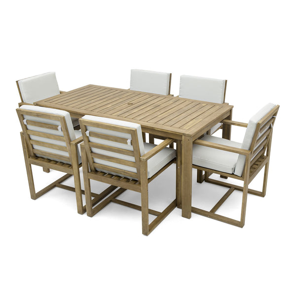 English Elm Patio Light Teak Acacia Wood Dining Set with Removable Beige Cushions, 6-Piece Outdoor Table & Chairs SZ000090AAA
