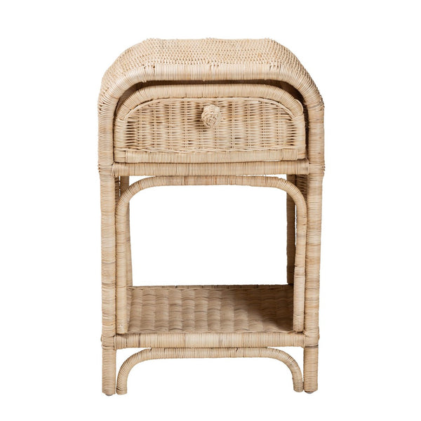 English Elm Modern Woven Rattan Bohemian Nightstand with Drawer and Open Shelf for Bedroom B2750P420374