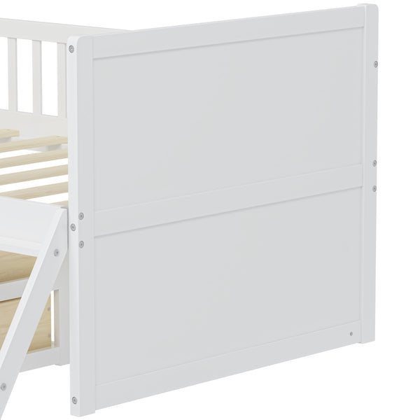 English Elm Twin Bed Frame with Storage Drawers and House Headboard, Kids Platform Bed with Guardrail Ladder and Shelf White 49.3 L x 16.25 W x 7.75 H N733S278032K