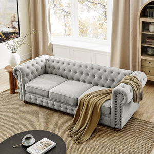 English Elm Chesterfield Linen Tufted 3-Seater Sofa with Scrolled Arms and Nailhead Trim, Durable Plywood Frame Gray W1413S00094
