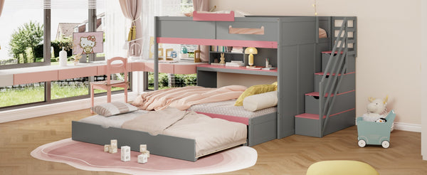 English Elm House-shaped Pine Bunk Bed with Built-in Slide Storage Staircase Twin Over Full Kids Frame Gray N820S00067E