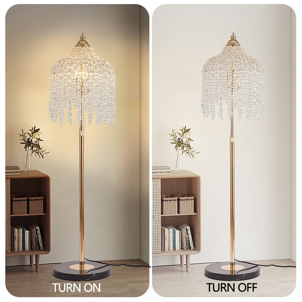 English Elm 3-Light Vintage Crystal Floor Lamp – Elegant Waterfall Design With Grape Beads & Marble Base For Home W2312P368722