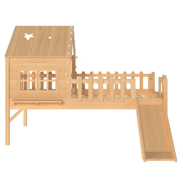 English Elm Twin Playhouse Loft Bed Solid Pine Frame with Slide Led Lights and Star Roof Natural W5316S00002